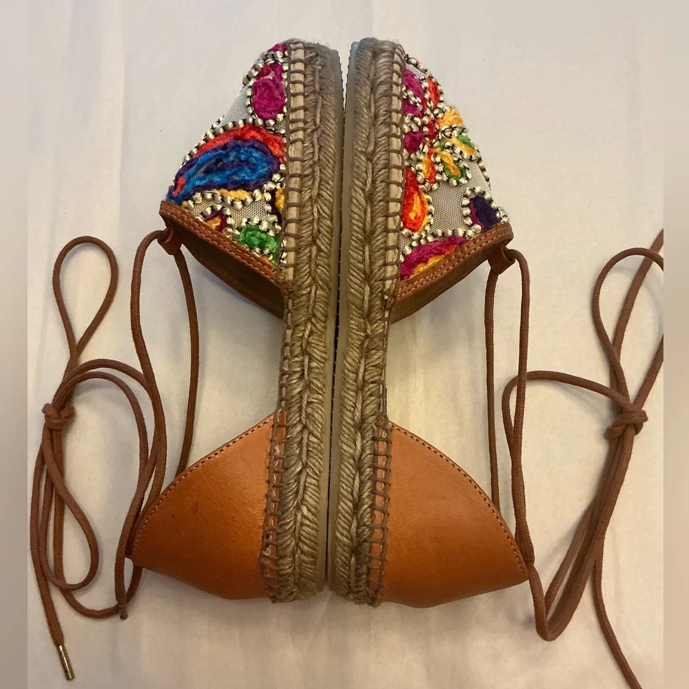 Gaimo Spain Boho Summer Embroidered Espadrille Ankle Tie Sandal Woman SZ 6.5-7